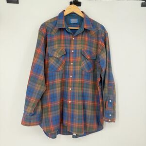 Vintage Pendleton Shirt Mens L High Grade Western Wear Blue Plaid Pearl Snap USA